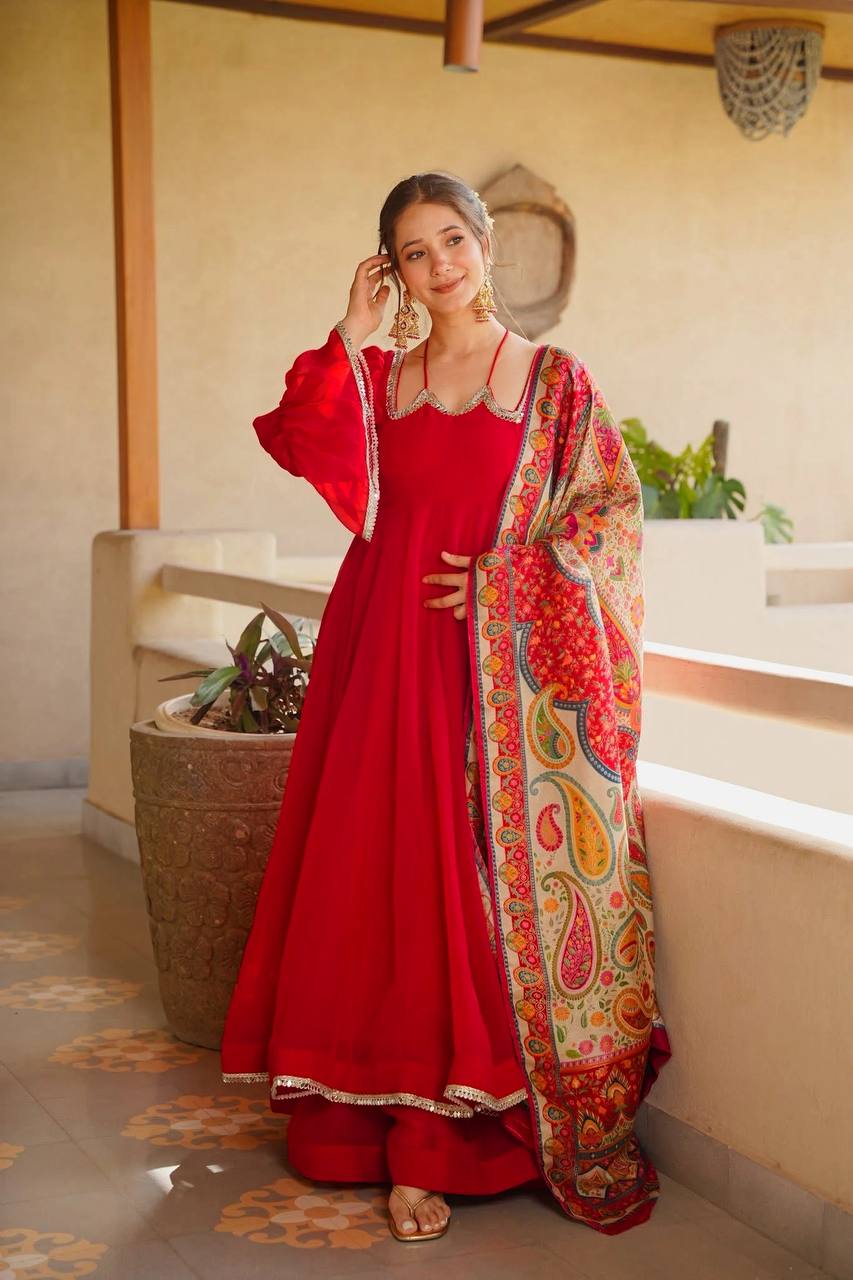 Chic Cherry Red Georgette Flared Anarkali Kurti with Wide Pants & Kalamkari Print Dupatta Set for Women