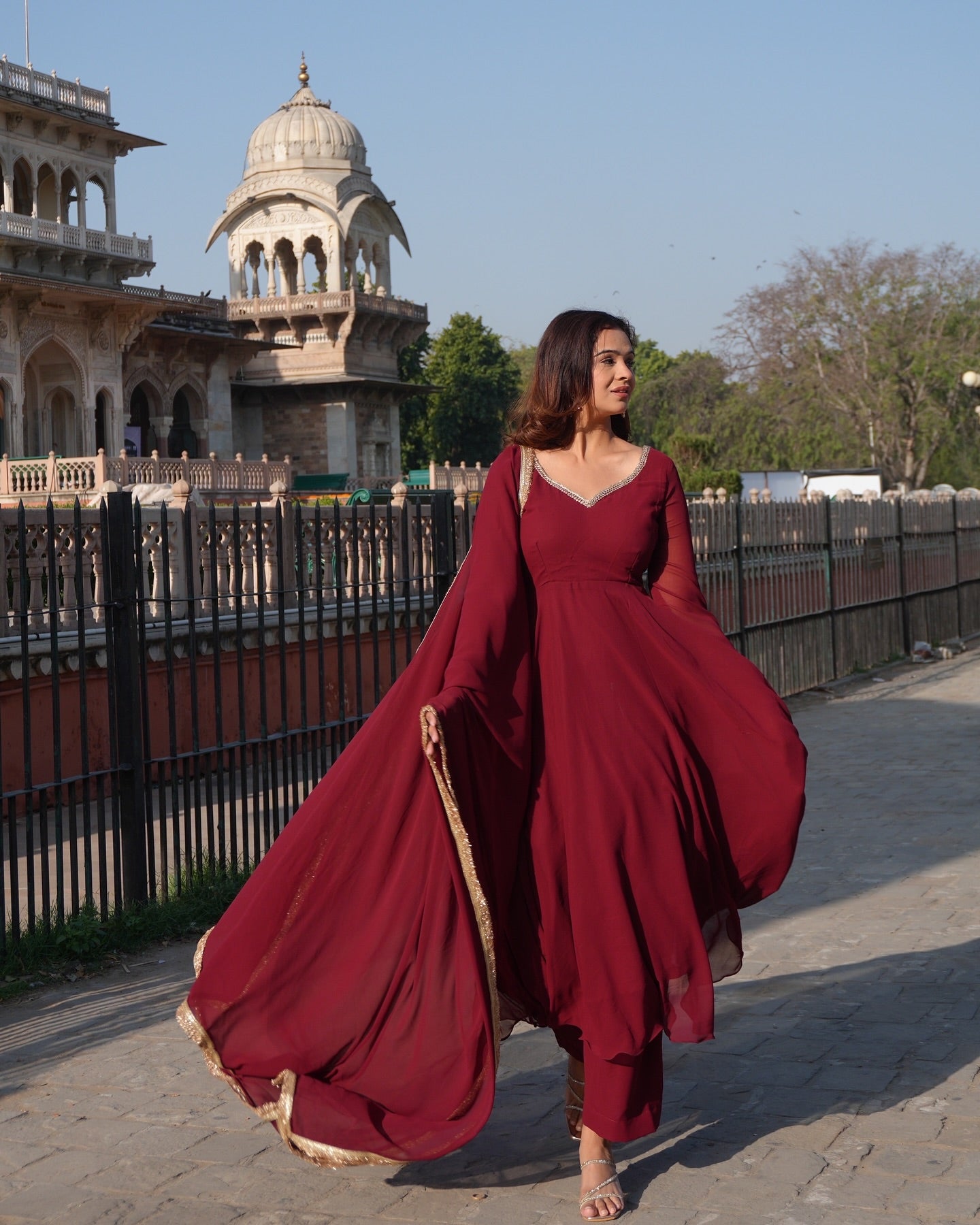 Maroon Georgette Anarkali Suit Set with Lace Neckline & Bordered Dupatta