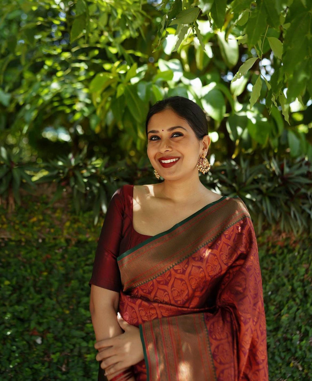 Brown Silk Saree with Rust & Green Accents