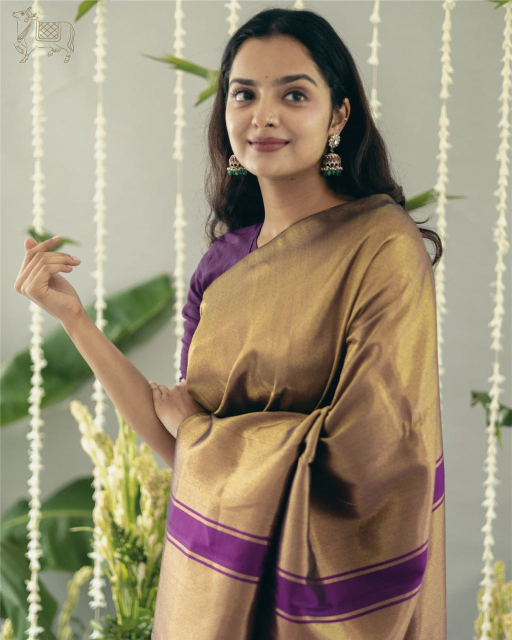 Purple Silk Saree with Gold & Brown Border