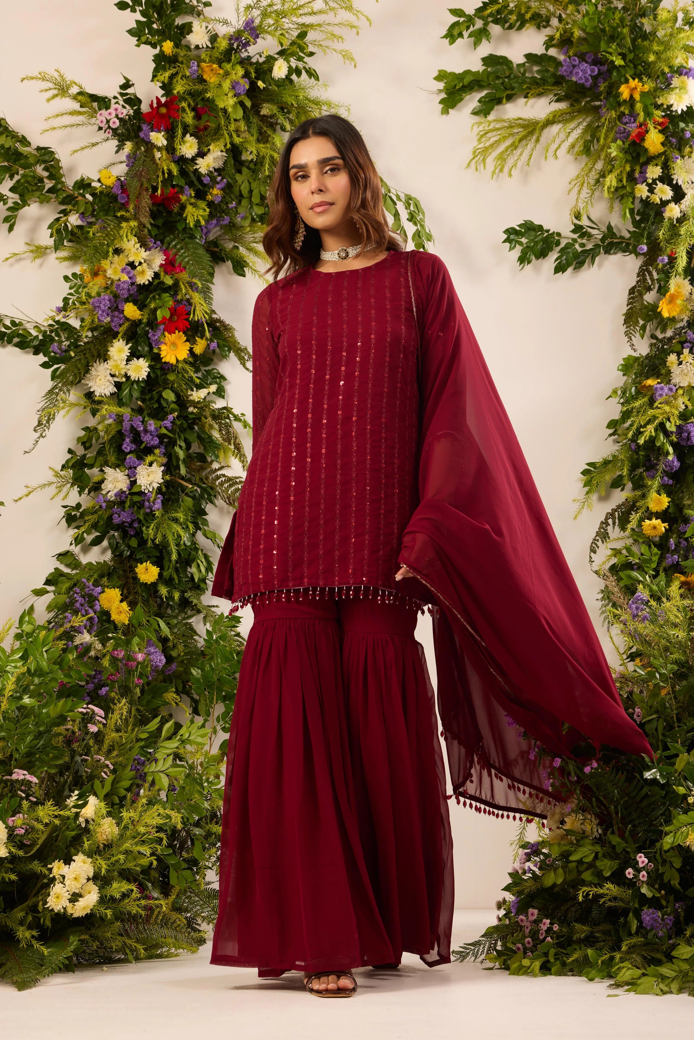 Elegant Maroon Georgette Sequin Embroidery Kurti with Pleated Sharara Pants & Matching Dupatta Set for Women