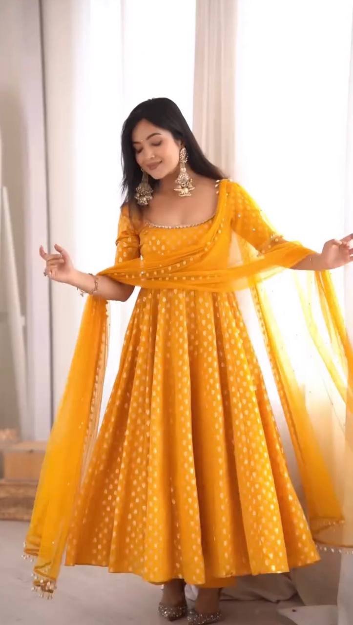 Radiant Bright Mustard Yellow Banarasi Jacquard Booti Anarkali Kurti with Chooridaar & Sheer Bordered Dupatta Set for Women