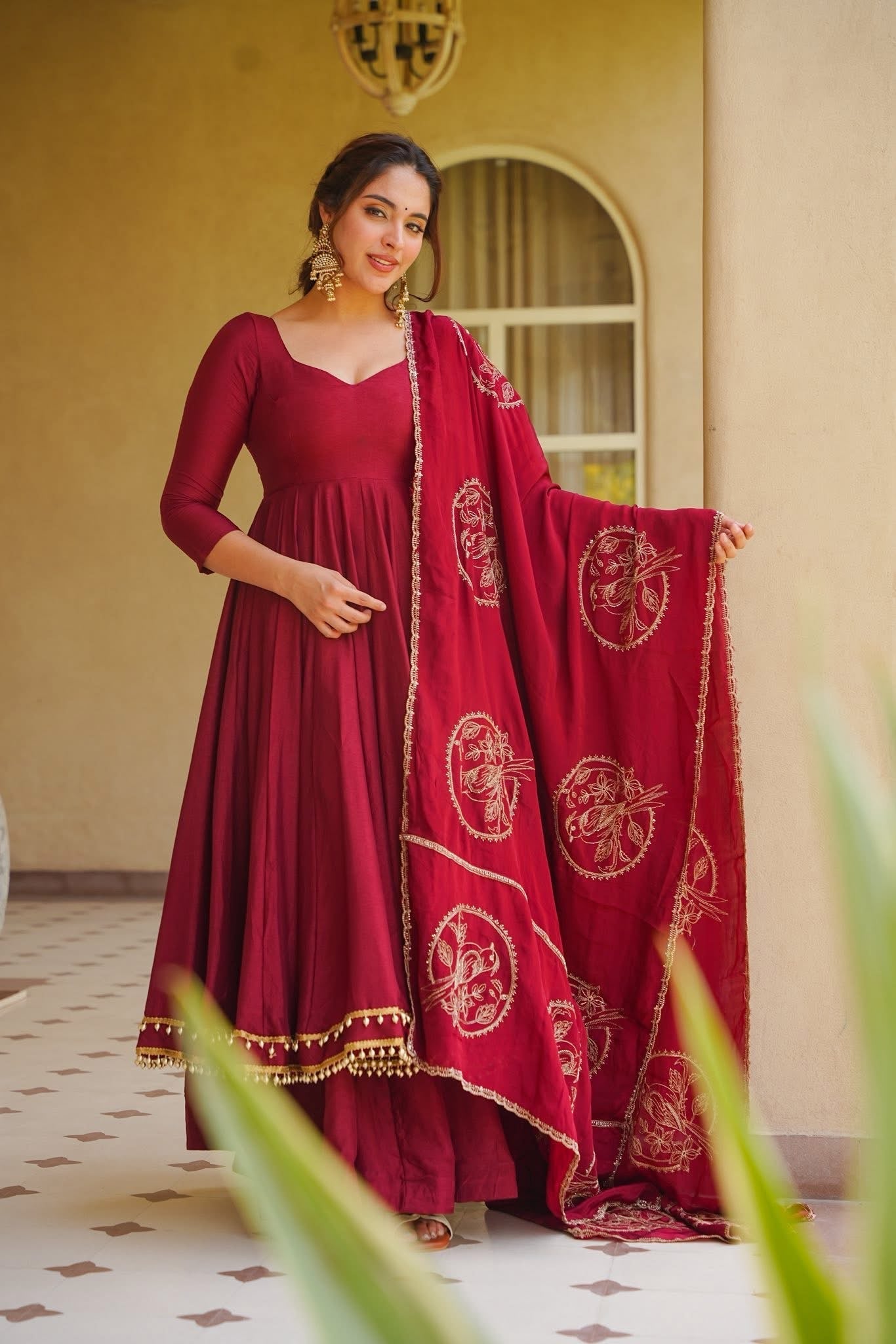 Royal Wine Embroidered Anarkali Gown with Designer Dupatta
