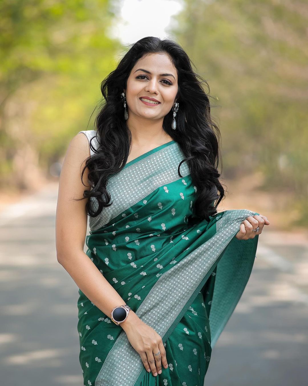 Emerald Green Cotton Silk Saree with Silver Border