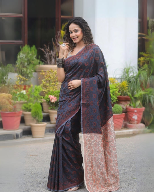 Navy Blue & Maroon Printed Saree