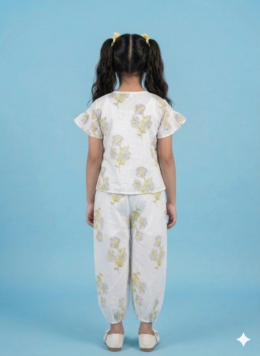 Girls White Floral Printed Co-Ord Set – Peplum Top & Matching Pants