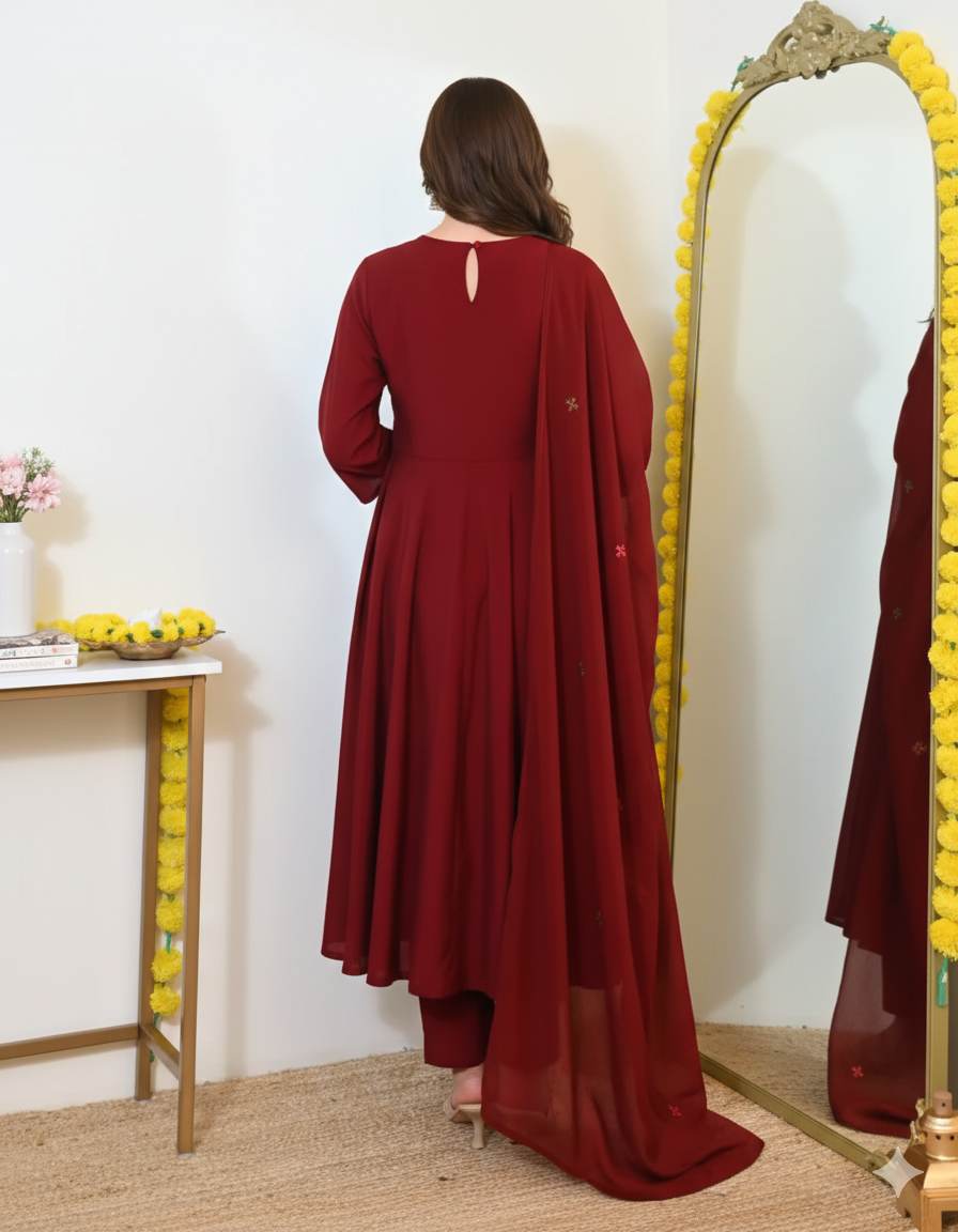 Designer Maroon Kurta Set with Dupatta & Pants
