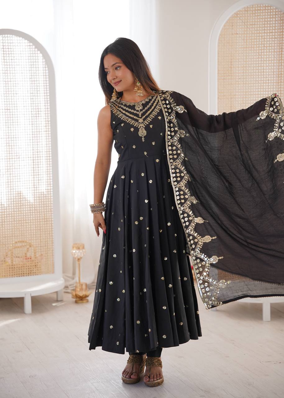 Sleeveless Heavy Yoke Embroidered Anarkali Suit with Cutwork Mirror Border Dupatta Set for Women