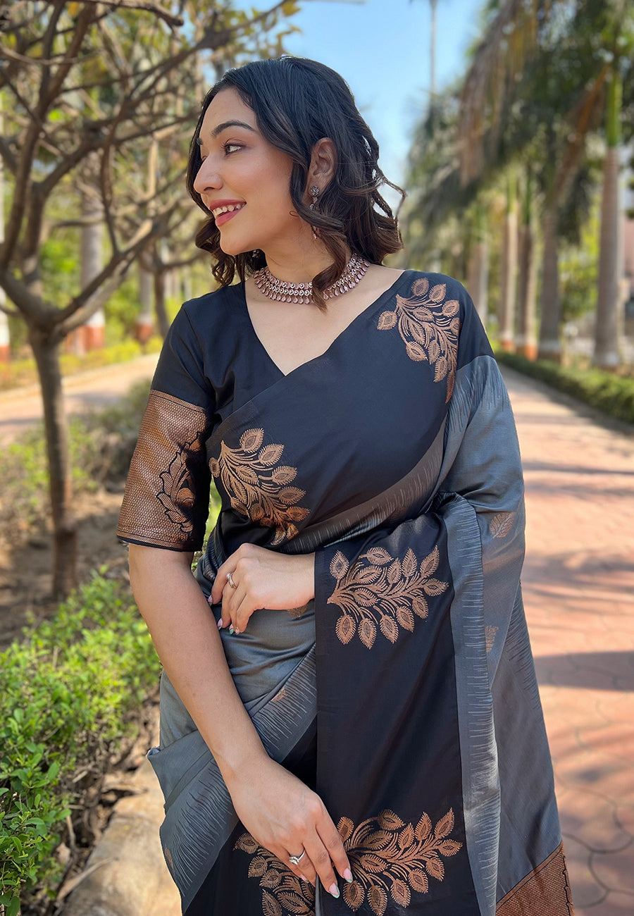 Black & Grey Silk Saree with Copper Zari Border | Elegant Festive & Party Wear Saree