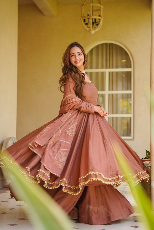 Royal Wine Embroidered Anarkali Gown with Designer Dupatta