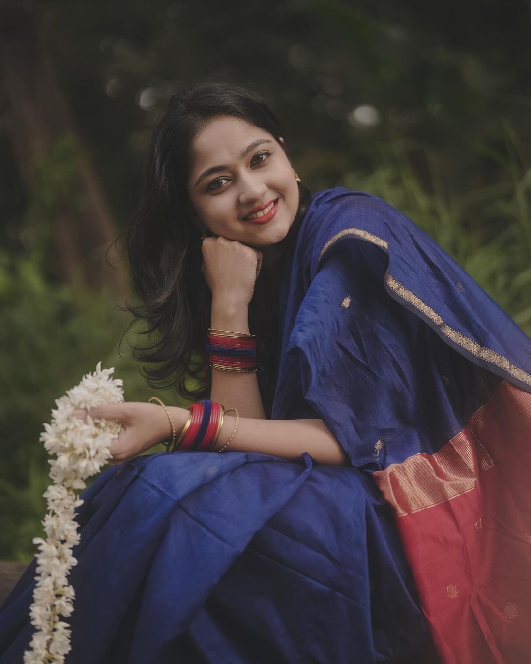 Royal Blue Saree with Red Pallu & Golden Border