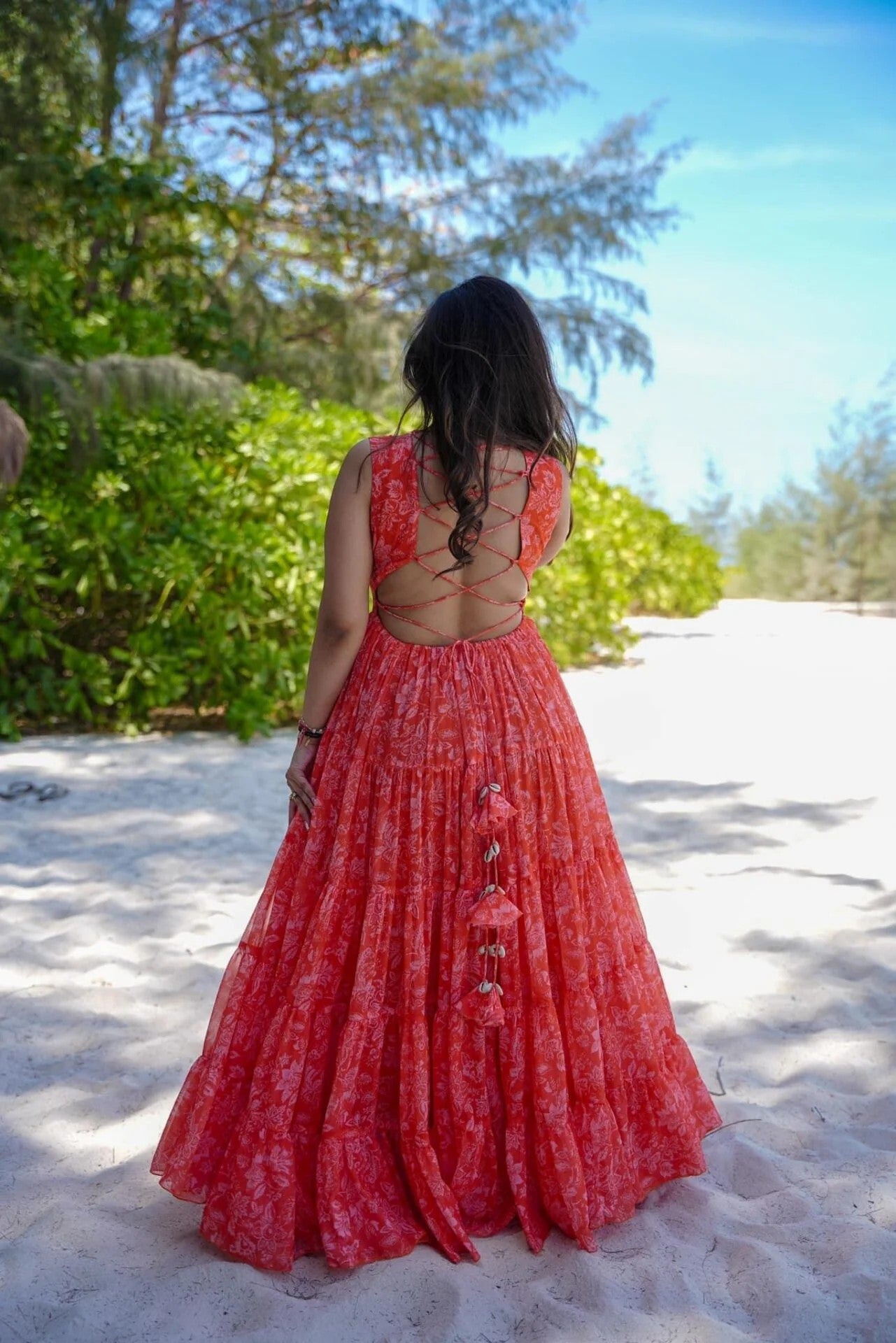 Coral Floral Tiered Maxi Dress - Sleeveless V-Neck Tropical Summer Gown