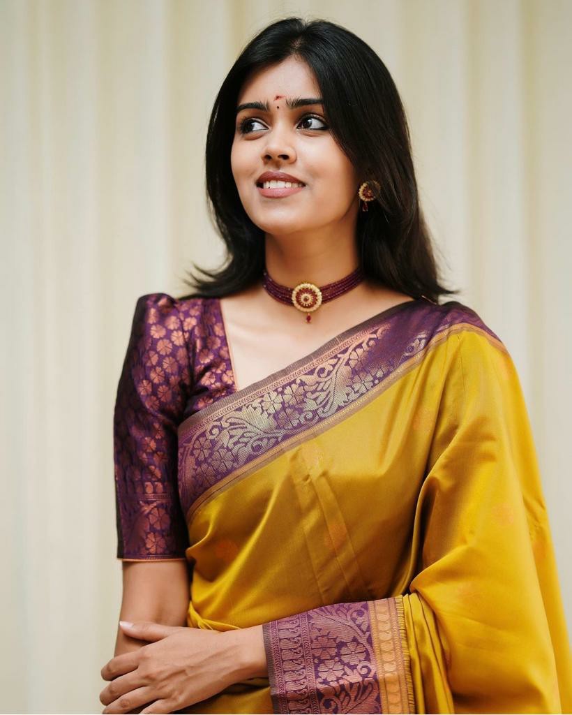 Mustard Yellow Silk Saree with Purple Border