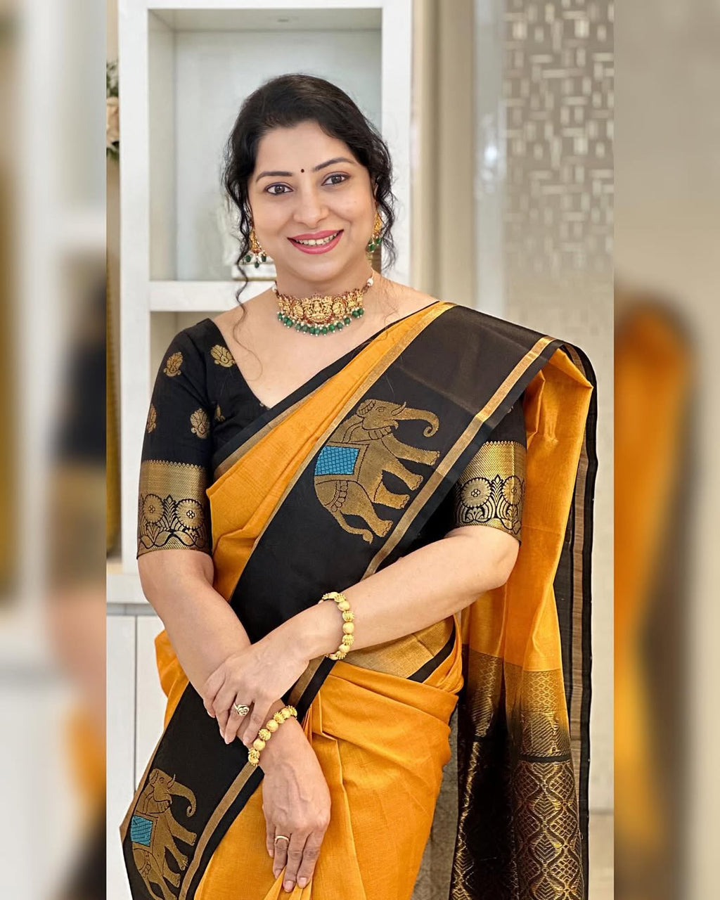Mustard Yellow & Black Silk Saree with Zari Border