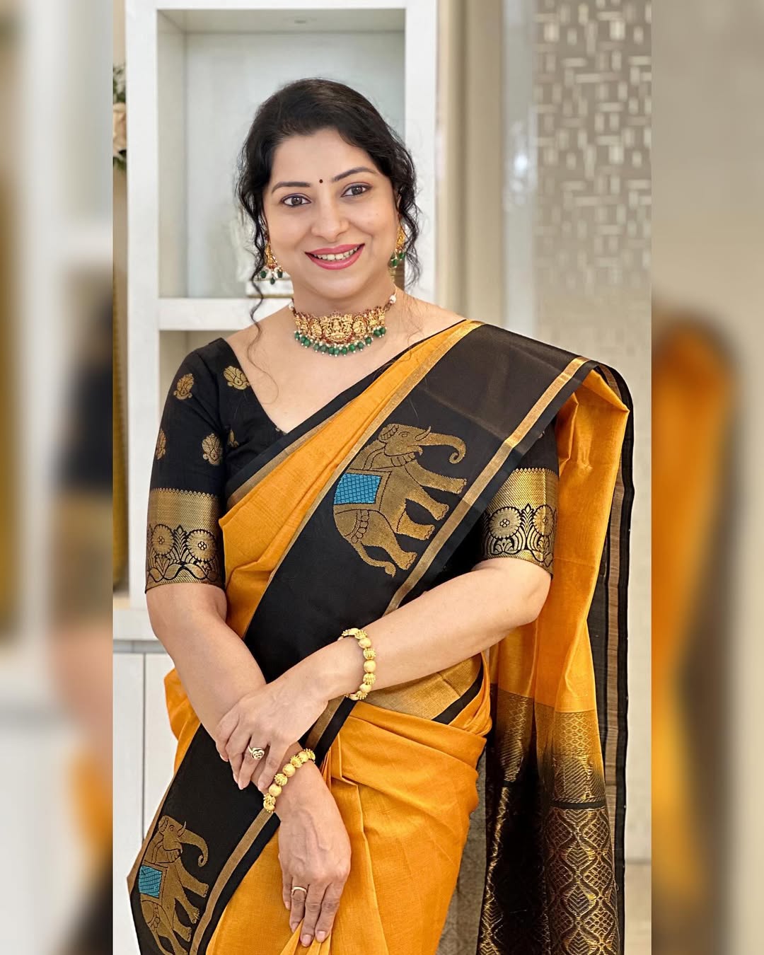 Mustard Yellow & Black Silk Saree with Zari Border