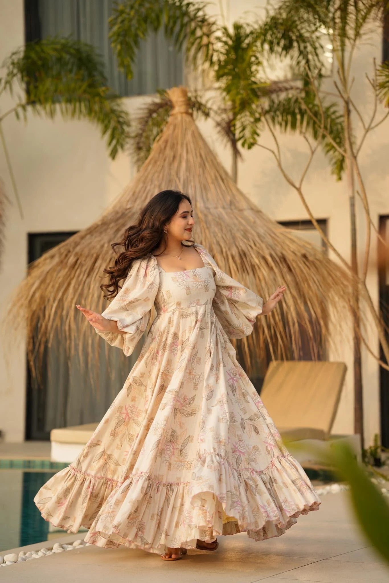 Beige Floral Maxi Dress for Women