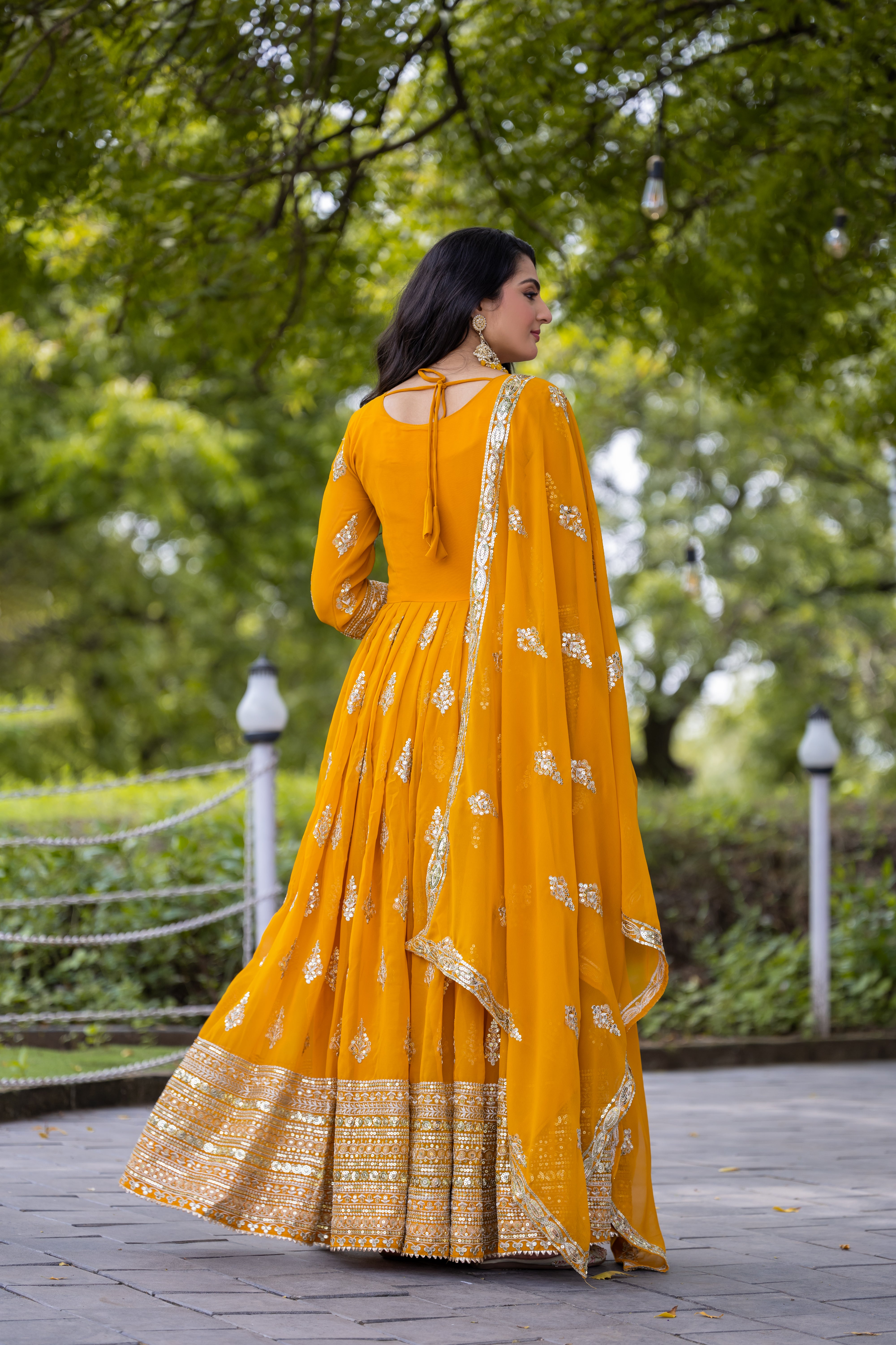 georgette flared Anarkali suit set with heavy sequin border and matching dupatta