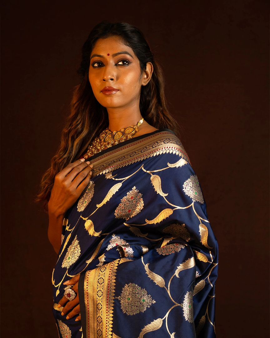 Navy Blue Banarasi Silk Saree with Gold & Silver Zari Work