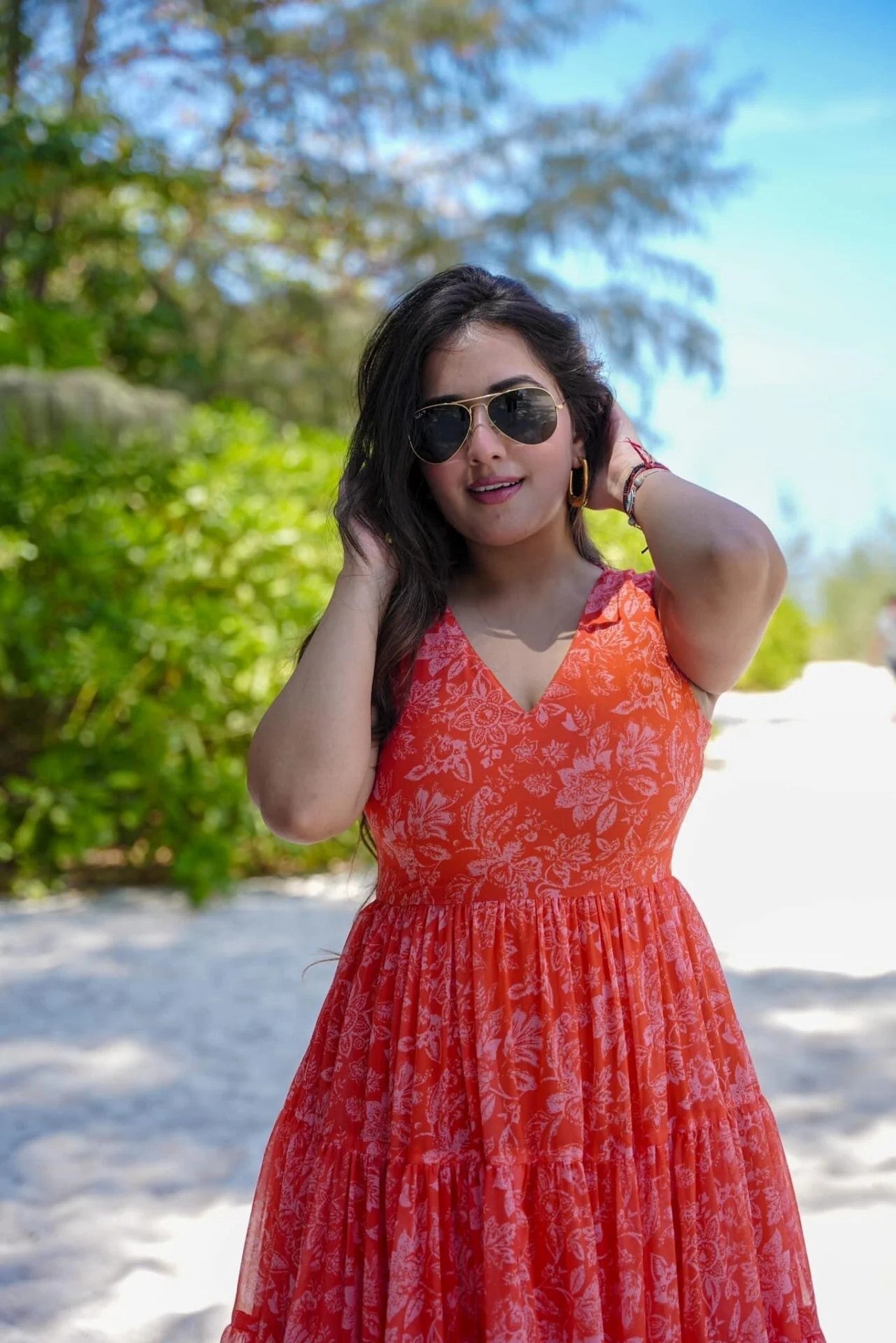 Coral Floral Tiered Maxi Dress - Sleeveless V-Neck Tropical Summer Gown