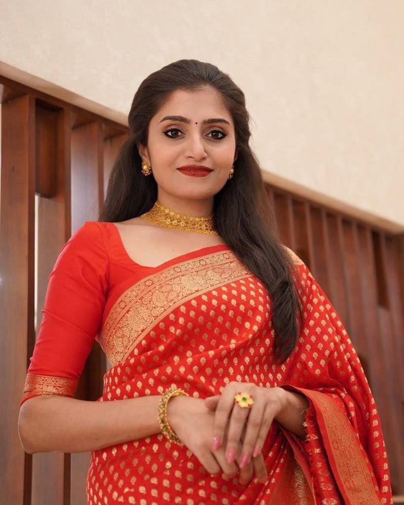 Red Silk Saree with Gold Zari Polka Motifs & Rich Border
