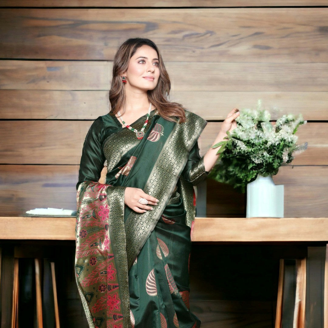 Dark Green Silk Saree with Gold Motifs & Floral Pallu