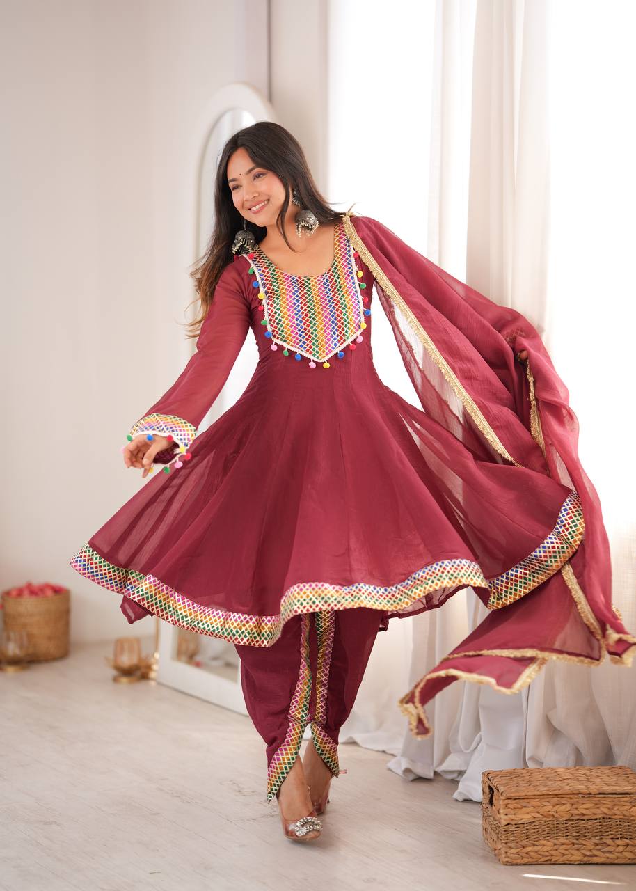Maroon Anarkali Kurta Dhoti Pant Set with Lace & Pom-Poms