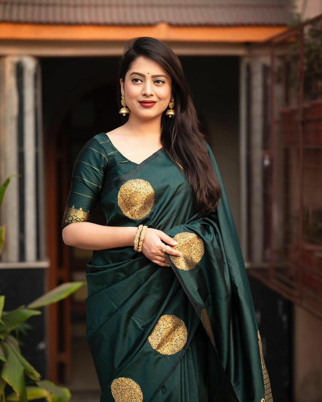Green Banarasi Silk Saree with Bold Gold Buttas