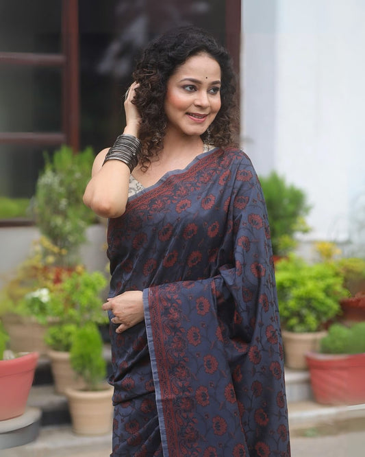 Navy Blue & Maroon Printed Saree
