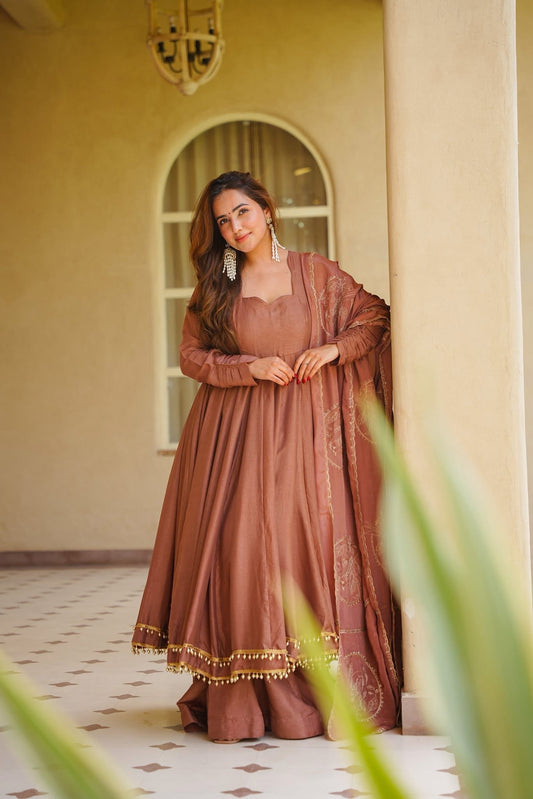 Royal Wine Embroidered Anarkali Gown with Designer Dupatta