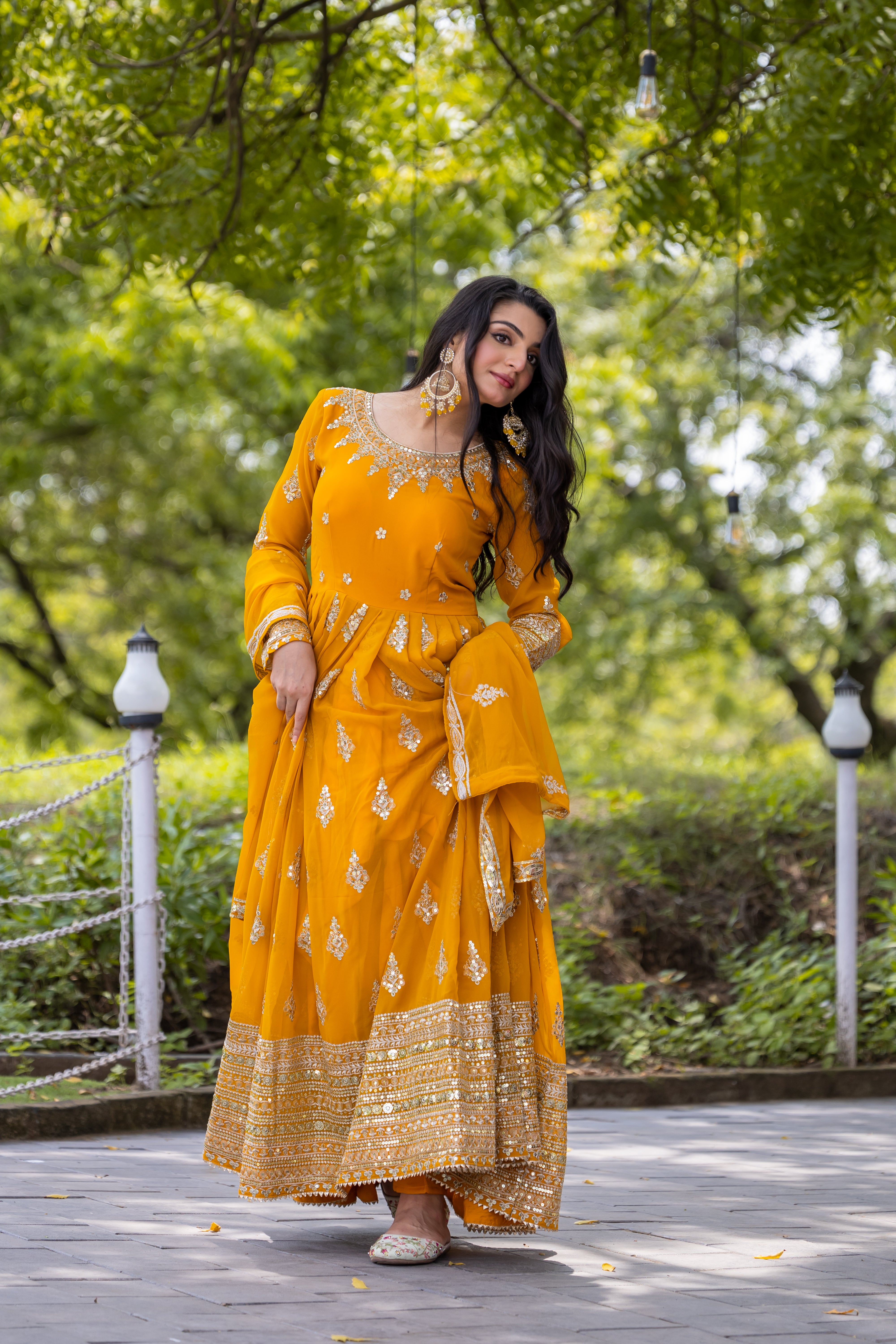 georgette flared Anarkali suit set with heavy sequin border and matching dupatta