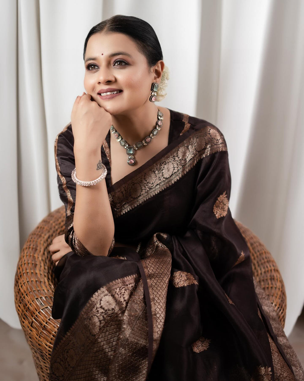Chocolate Brown Silk Saree with Antique Gold Zari