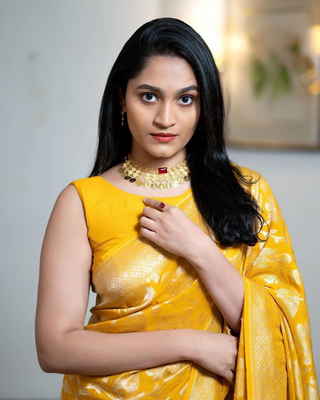 Golden Yellow Banarasi Silk Saree with Zari Work