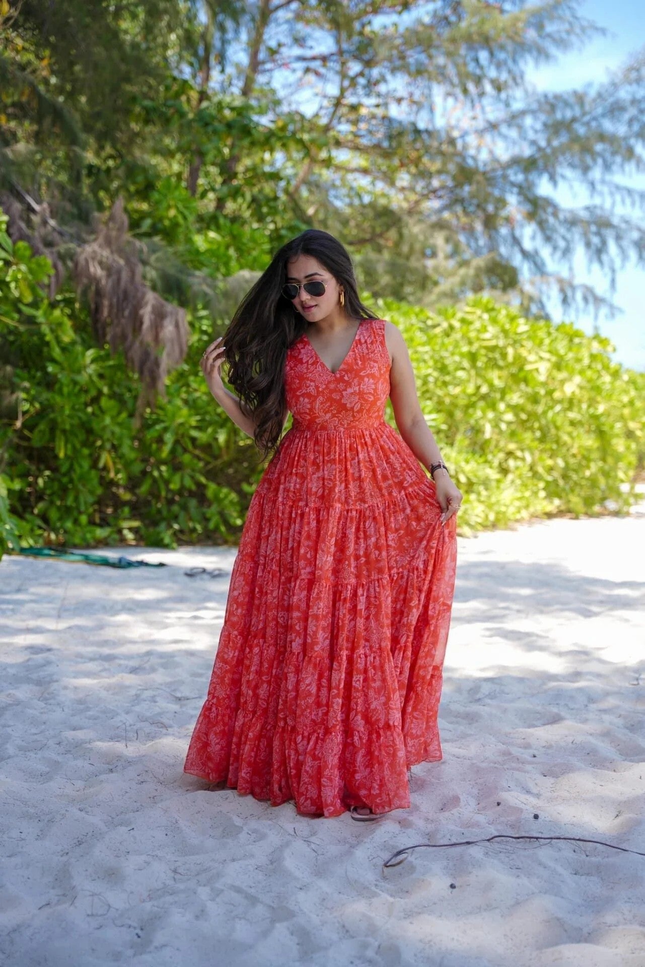 Coral Floral Tiered Maxi Dress - Sleeveless V-Neck Tropical Summer Gown