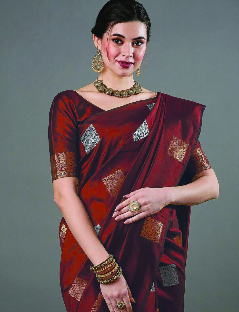 Majestic Maroon Geometric Jacquard Saree
