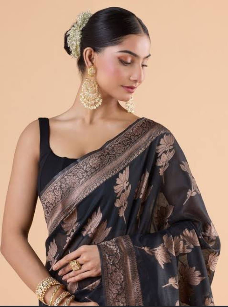 Black Silk Saree with Rose Gold Zari Border