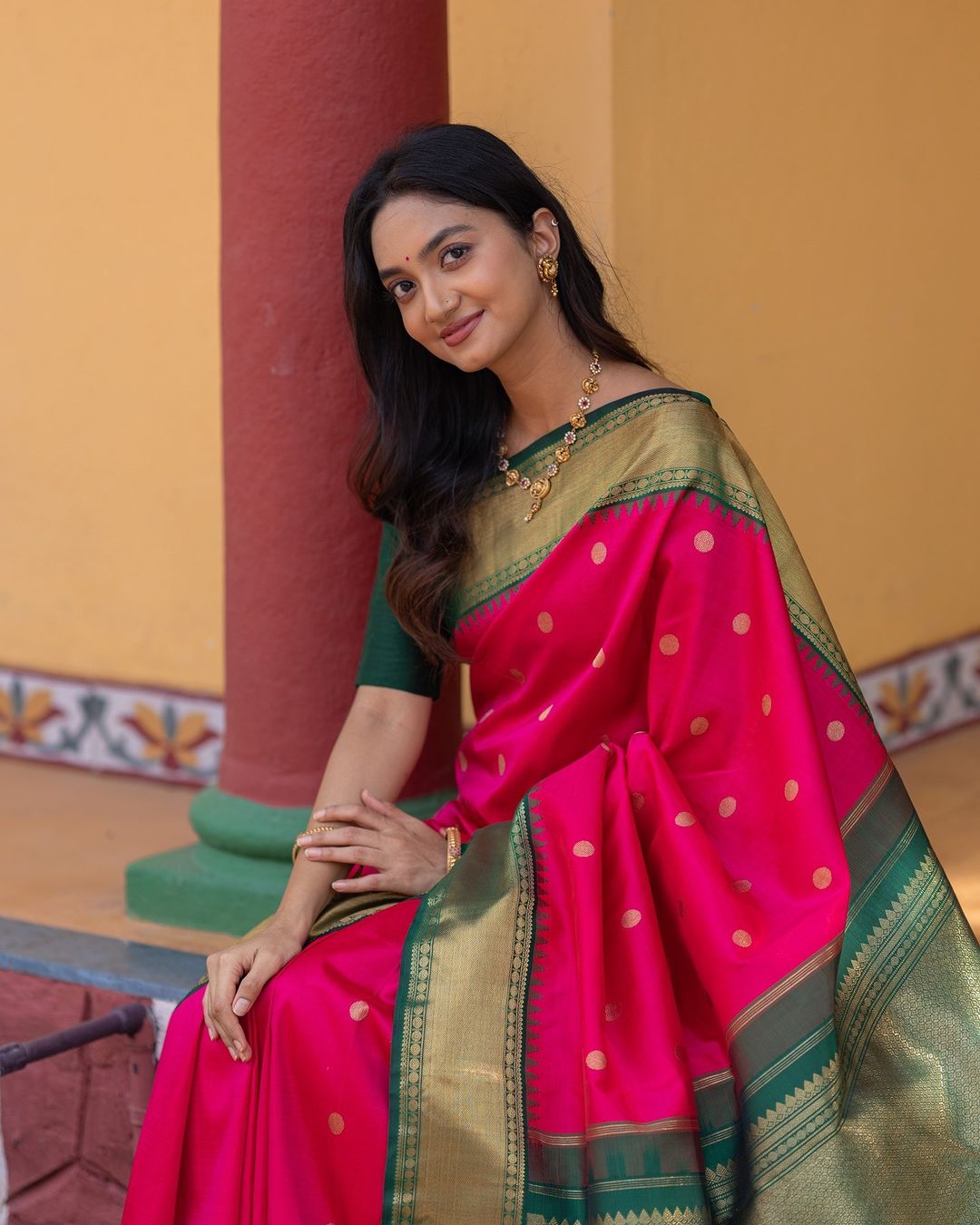 Pink Silk Saree with Green & Gold Border