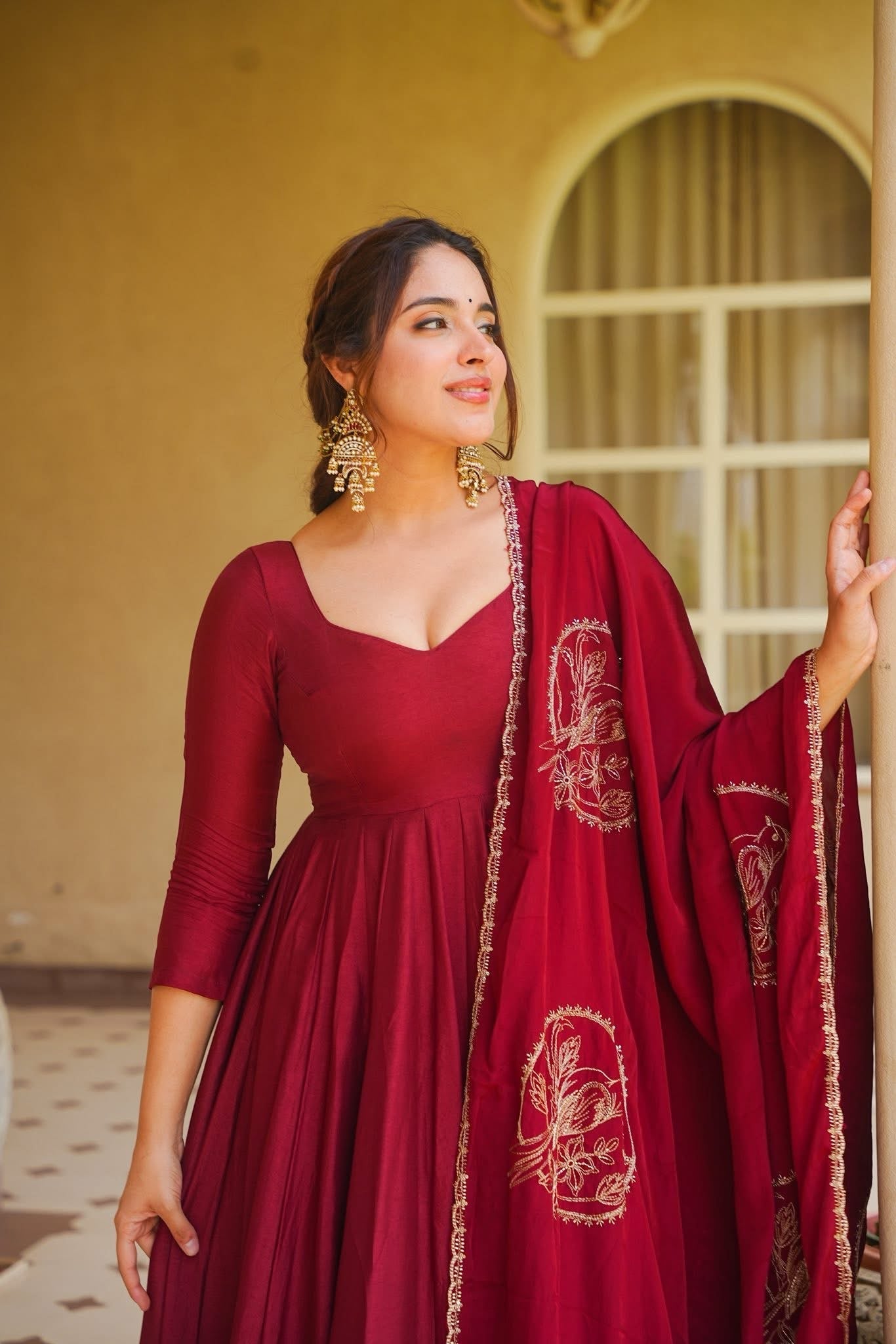 Royal Wine Embroidered Anarkali Gown with Designer Dupatta