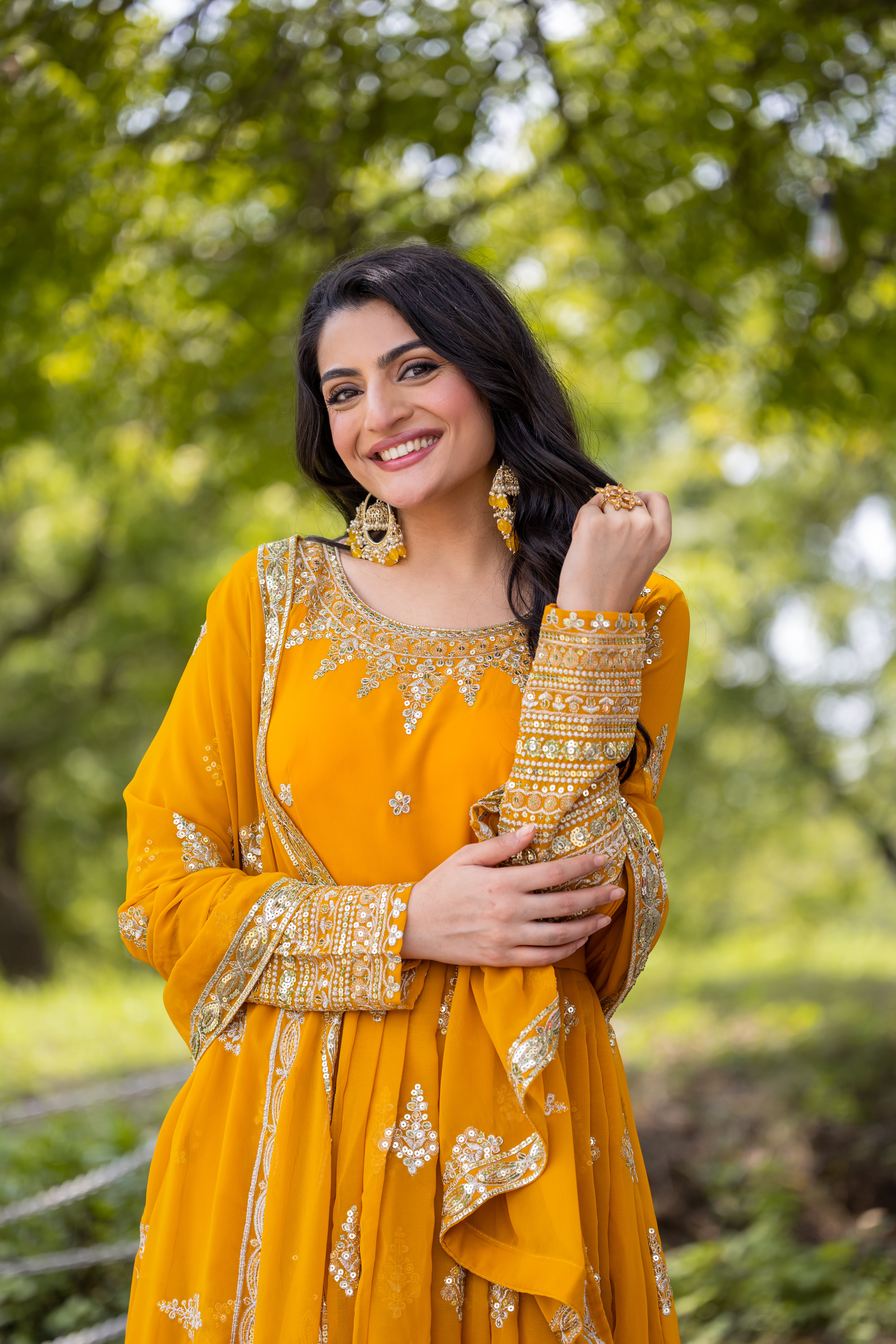 georgette flared Anarkali suit set with heavy sequin border and matching dupatta