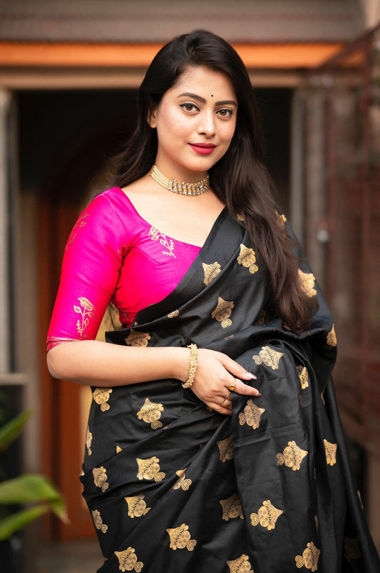 Black Zari Silk Saree with Vibrant Pink Pallu