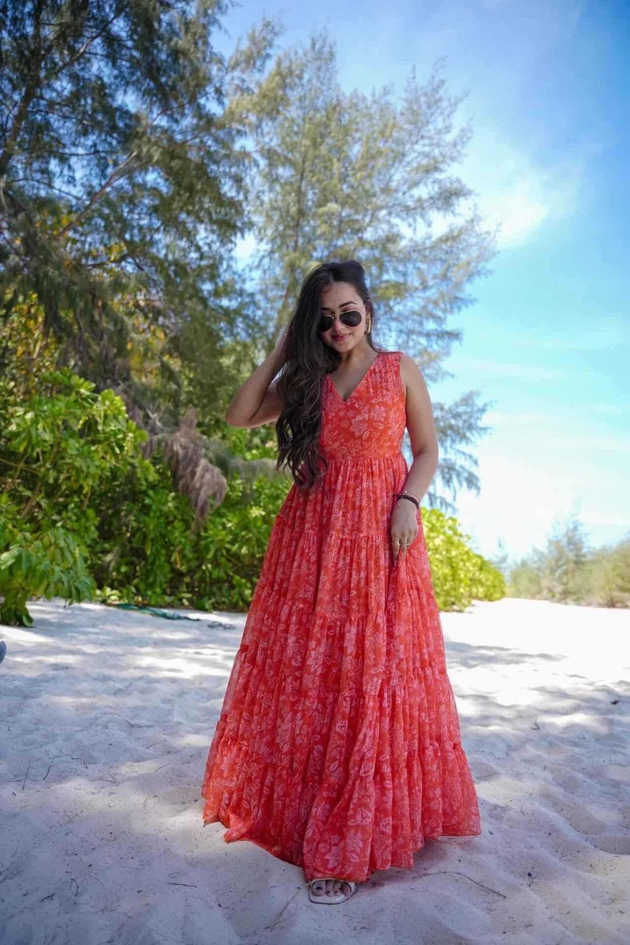 Coral Floral Tiered Maxi Dress - Sleeveless V-Neck Tropical Summer Gown