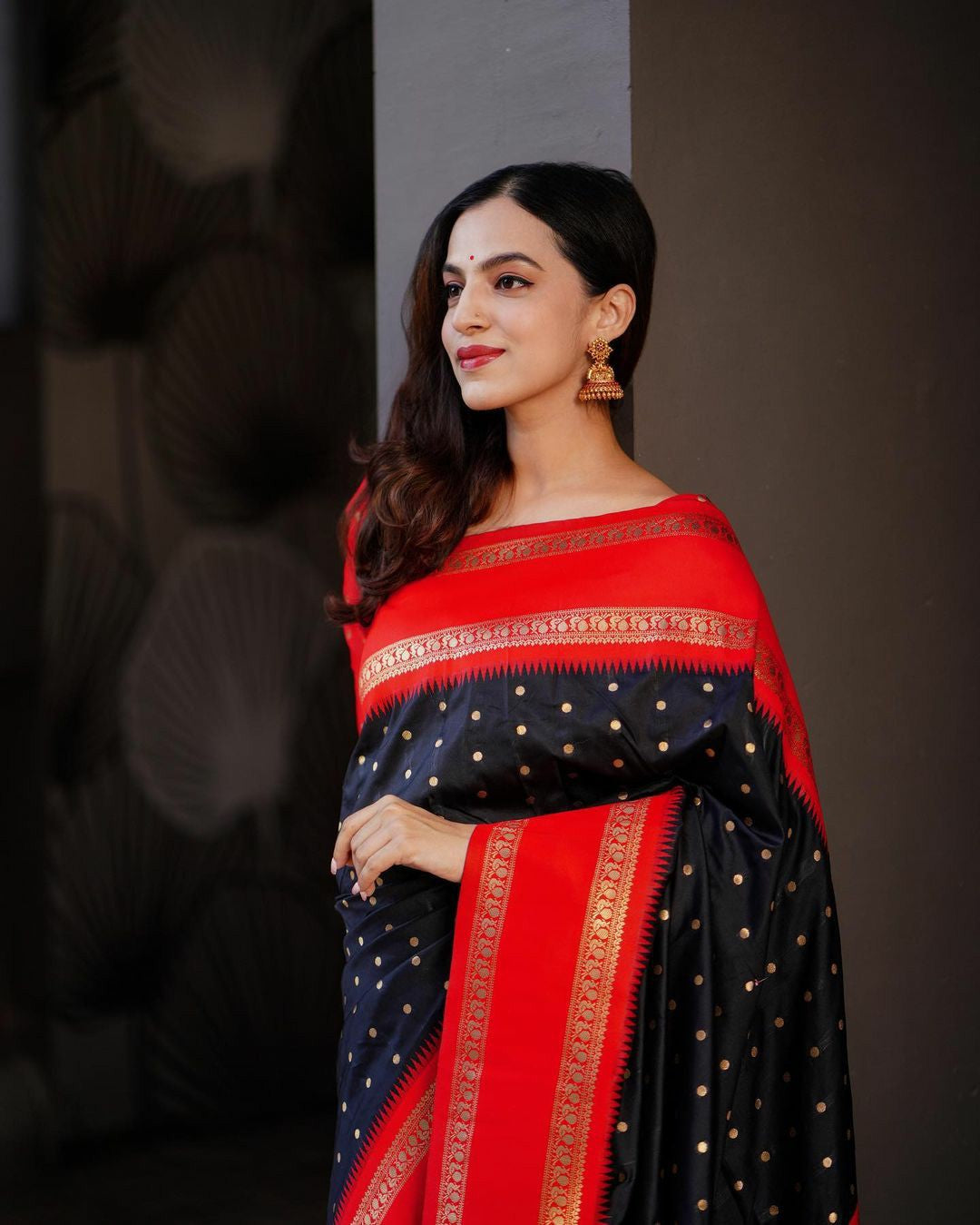 Black Silk Saree with Red & Gold Zari Border