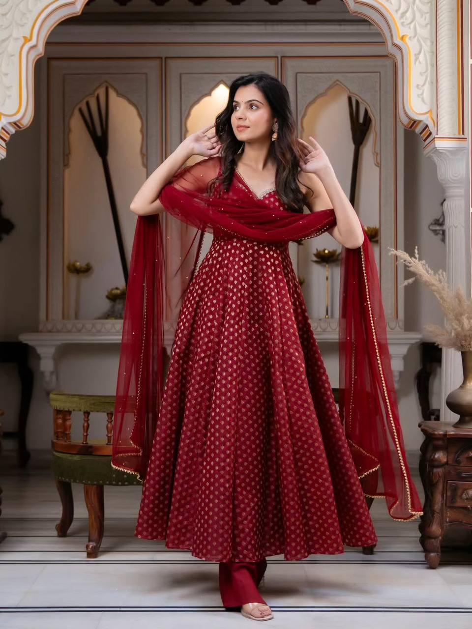 Stunning Maroon Red Banarasi Jacquard Booti Flared Anarkali Kurti with Straight Pants & Net Dupatta Set for Women
