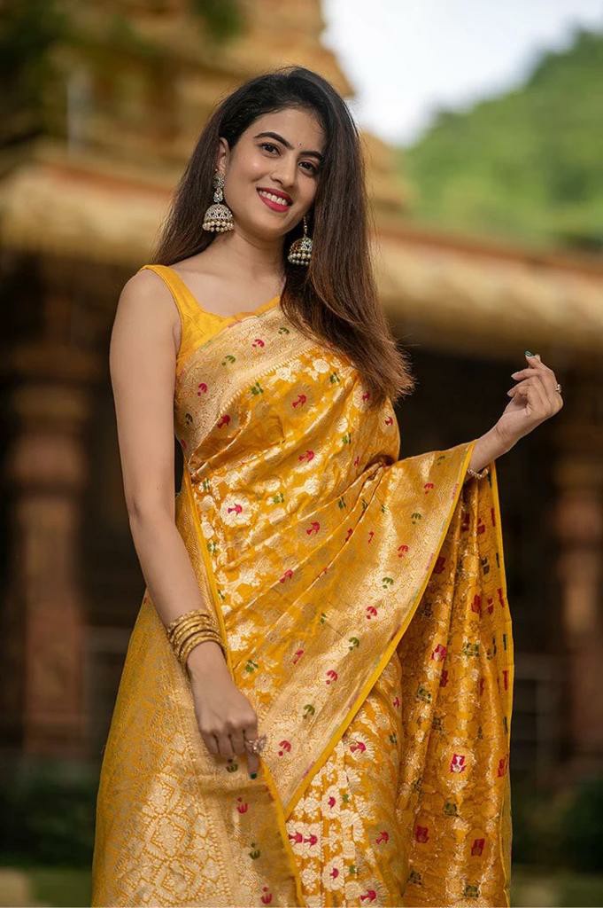 Mustard Yellow Silk Saree with Gold Zari Weaving & Floral Butta Work