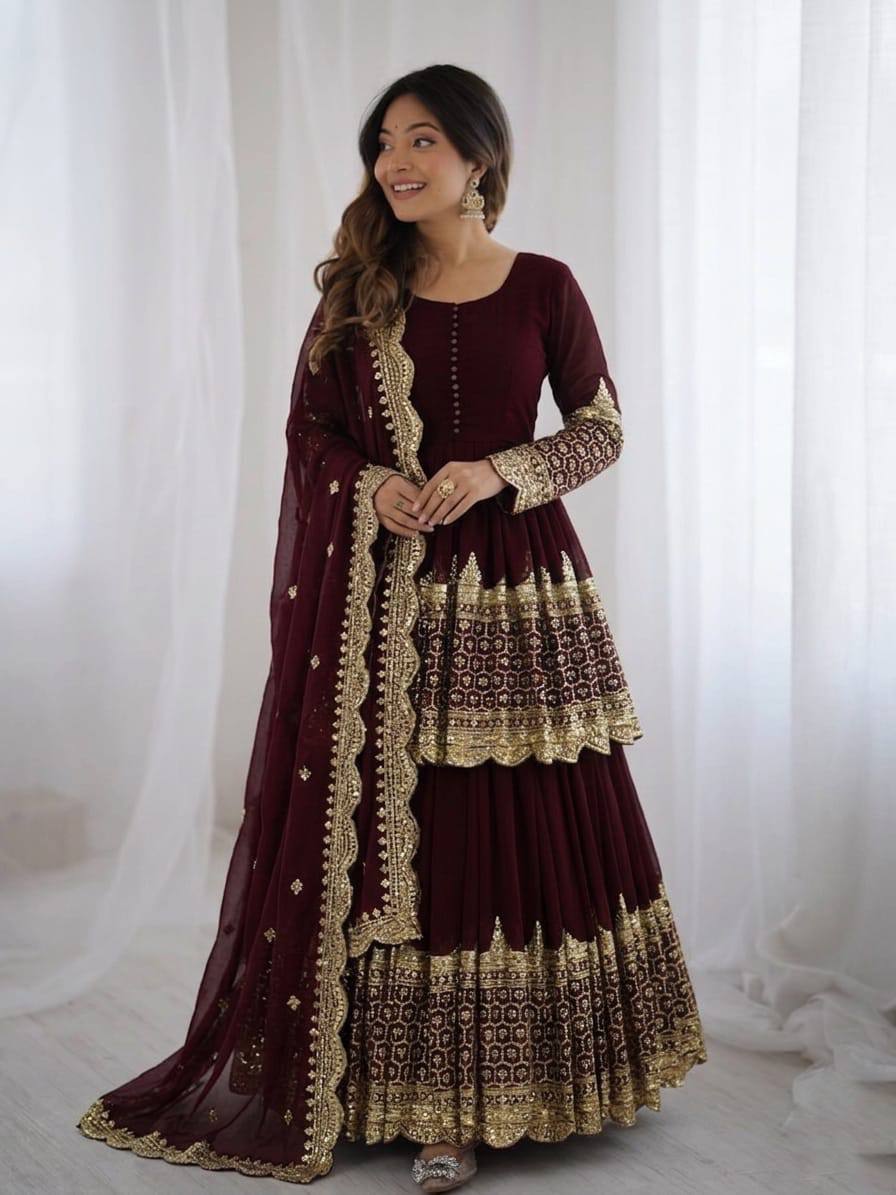 Georgette Tiered Peplum Kurti with Sharara & Net Dupatta Set