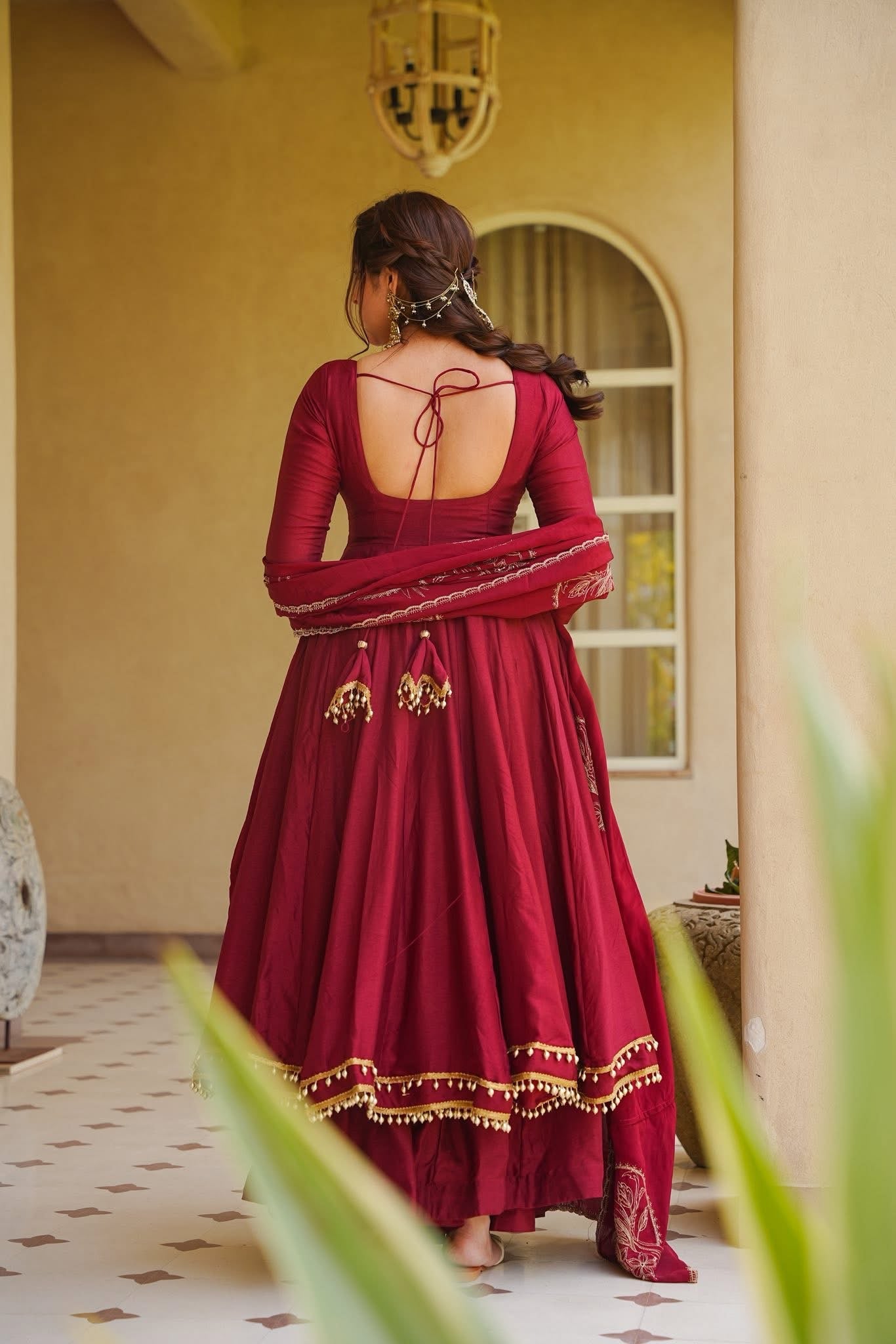 Royal Wine Embroidered Anarkali Gown with Designer Dupatta