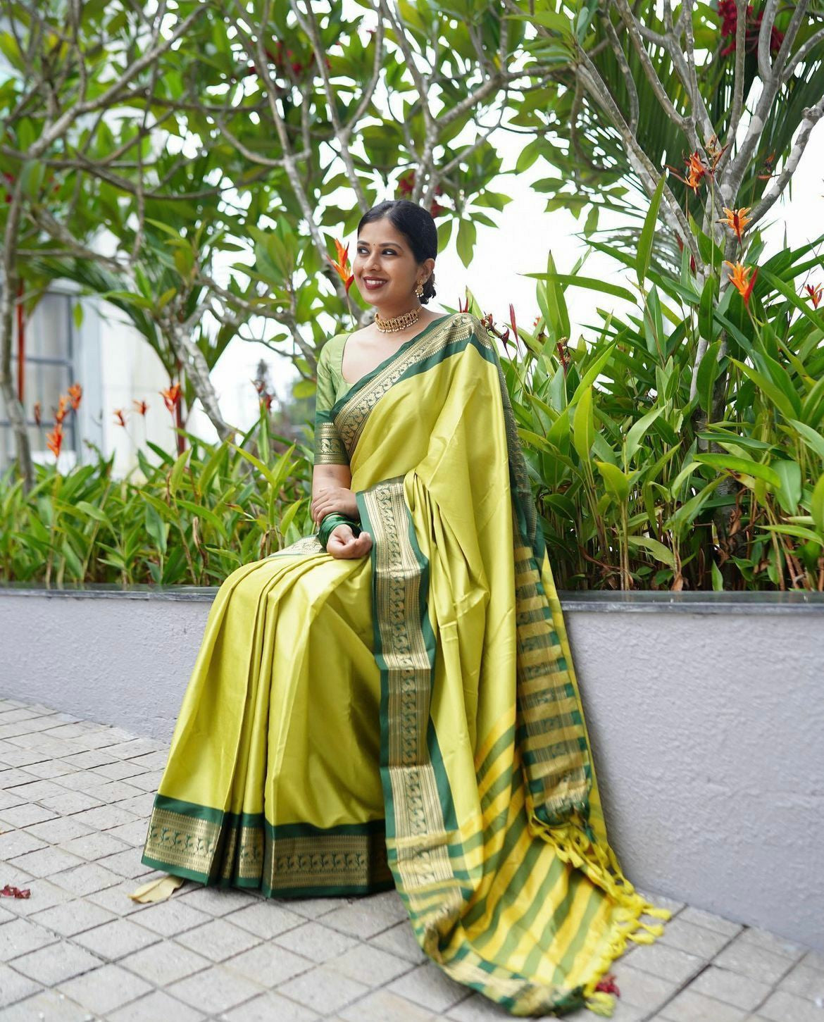 Lime Green Silk Saree with Contrast Green Border & Gold Zari Weaving