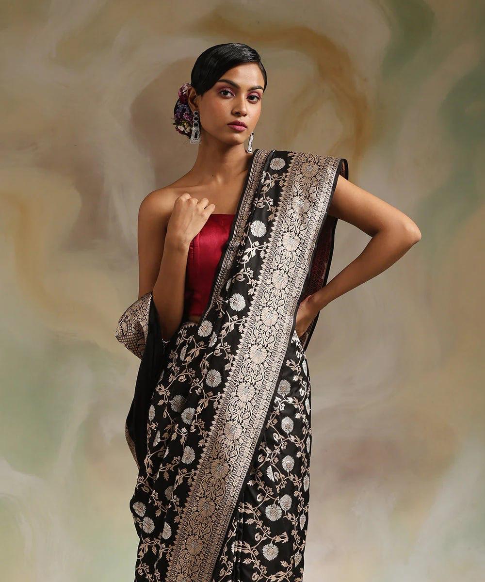 Black Banarasi Silk Saree with Silver Zari Floral Weave & Designer Blouse