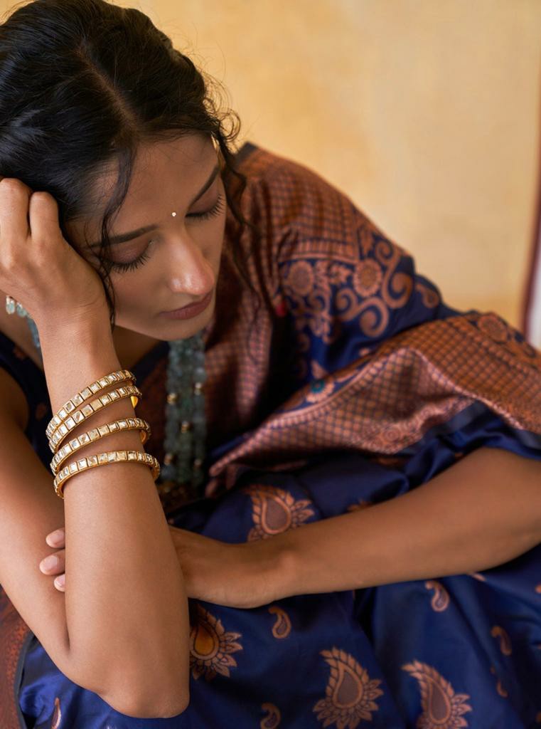 Royal Blue Silk Saree with Copper-Gold Border