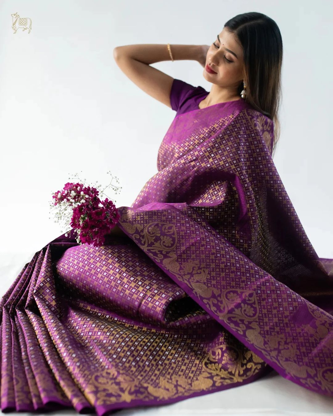 Purple Silk Saree with Gold Zari Weaving & Rich Border