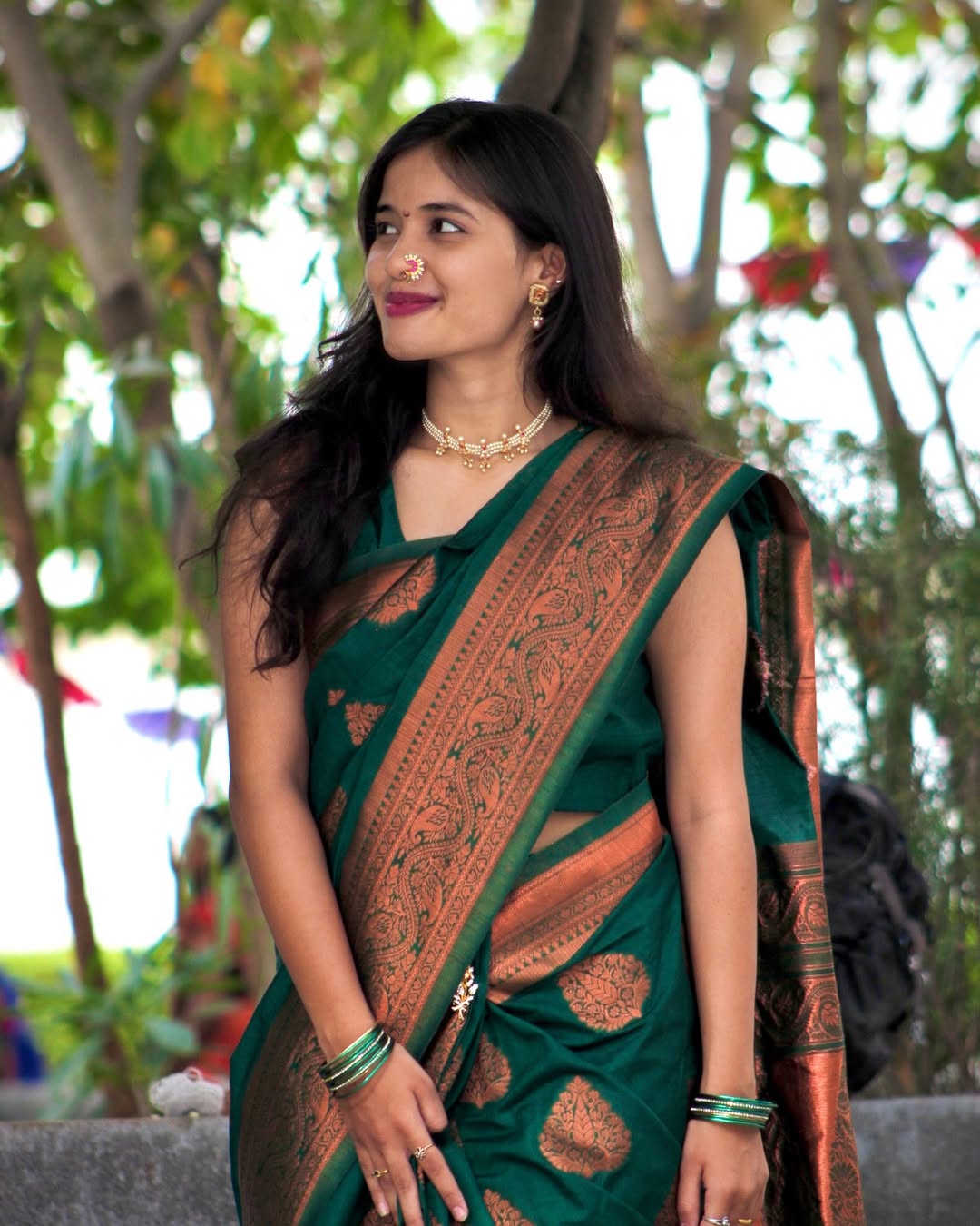 Emerald Green Silk Saree with Copper Zari Work